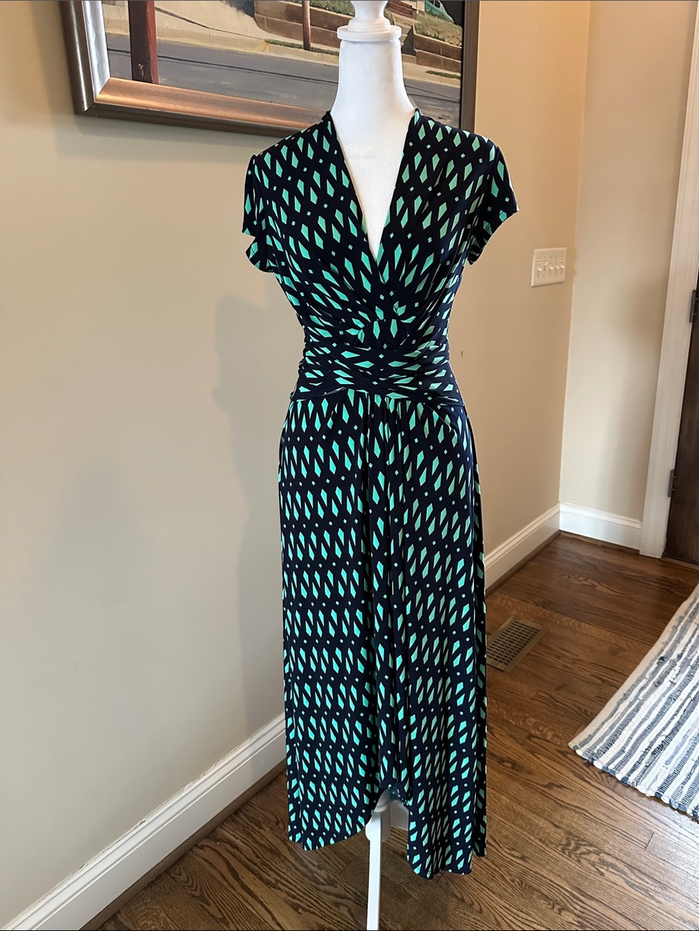 Joseph Ribkoff Black Dress with Teal Geometric Print